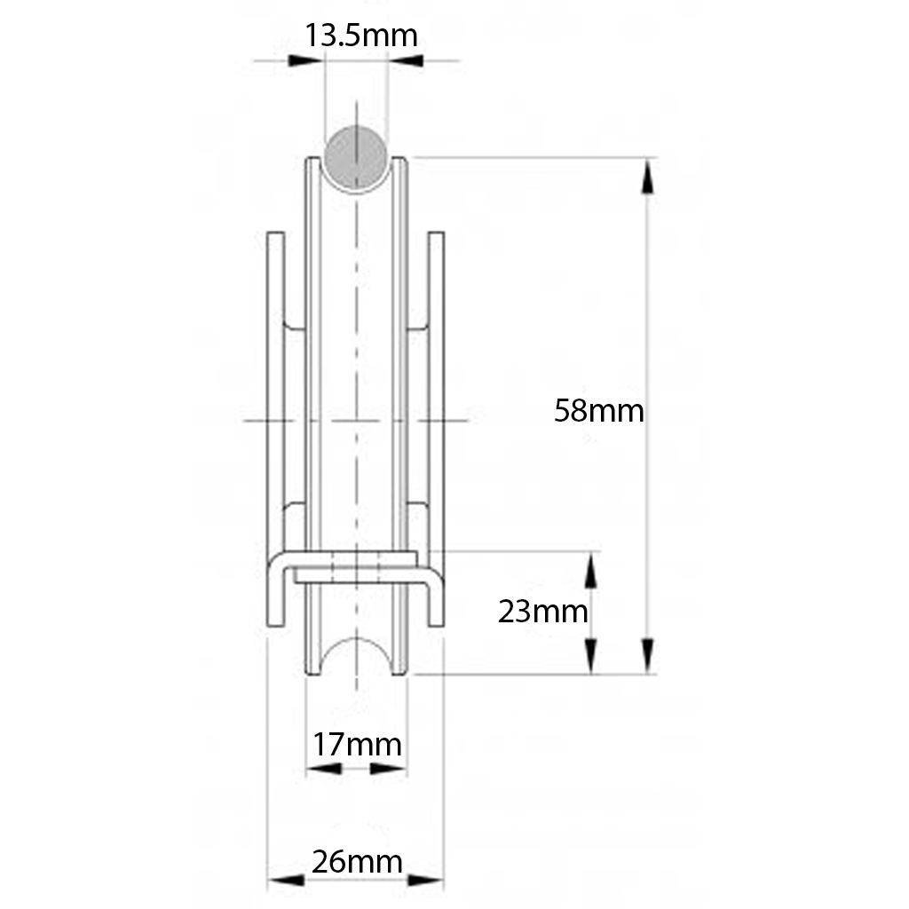 60mm Round groove wheel in support bracket Drawing with Dimensions