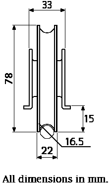 80mm Round groove wheel 16.5mm groove in countersunk bracket - Dimensions