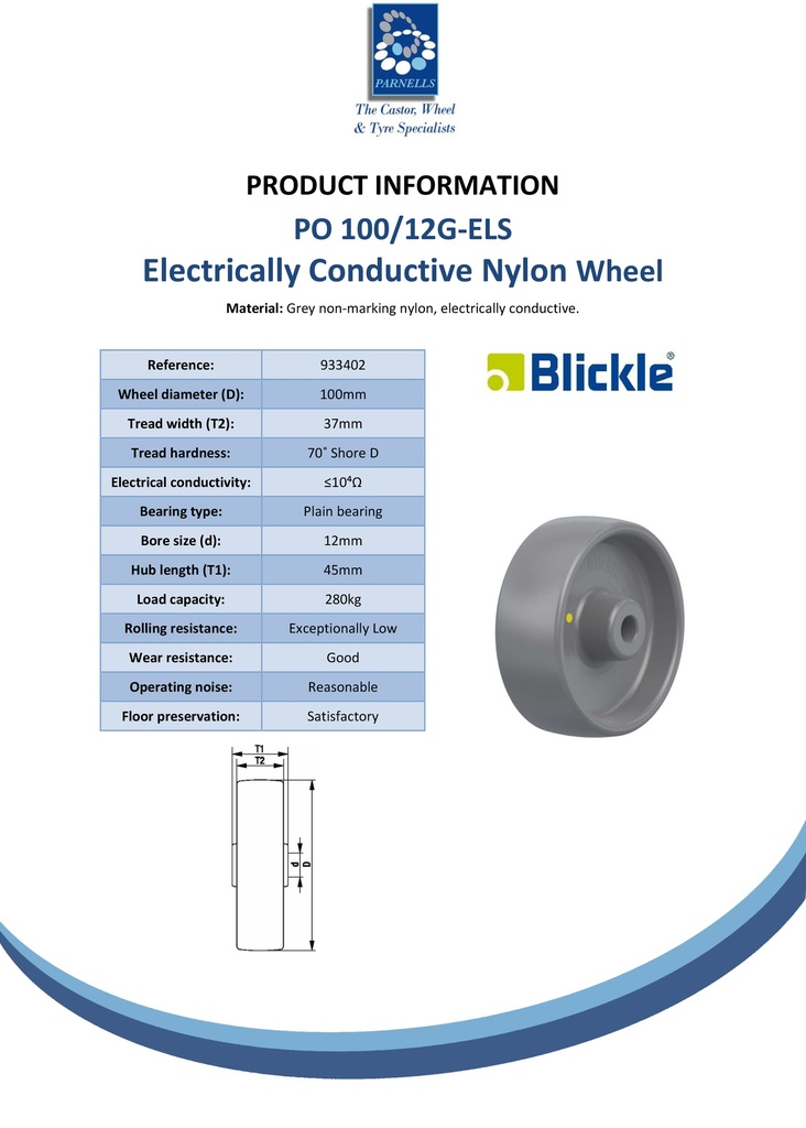 Wheel series 100mm electrically conductive grey nylon 12mm bore hub length 45mm plain bearing 280kg - Spec sheet