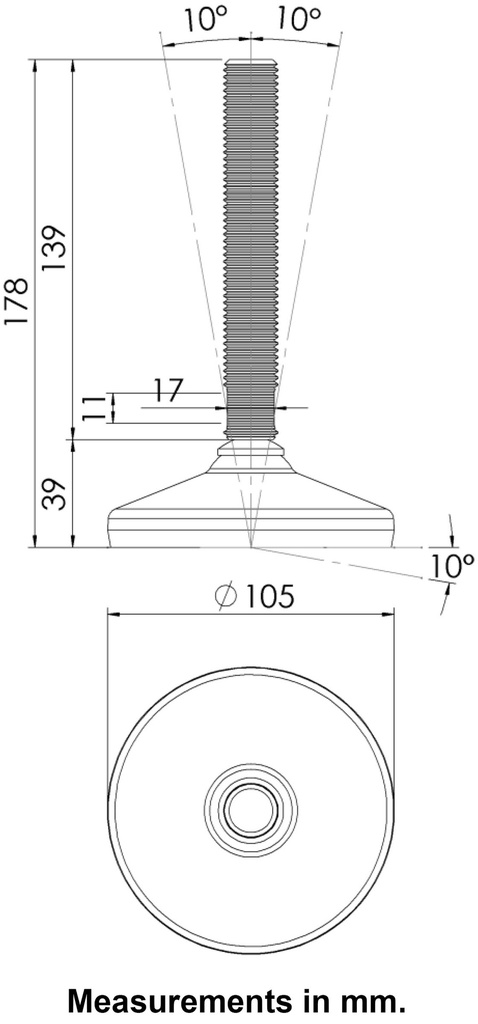 M20x150 Stainless levelling foot 105mm stainless base with anti-vibration rubber pad 2200kg AISI 304/A2 - Dimensions