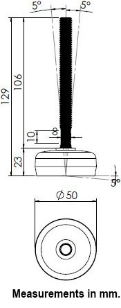 M10x100 Stainless levelling foot 50mm stainless base with anti-vibration rubber pad 350kg AISI 304/A2 - Dimensions