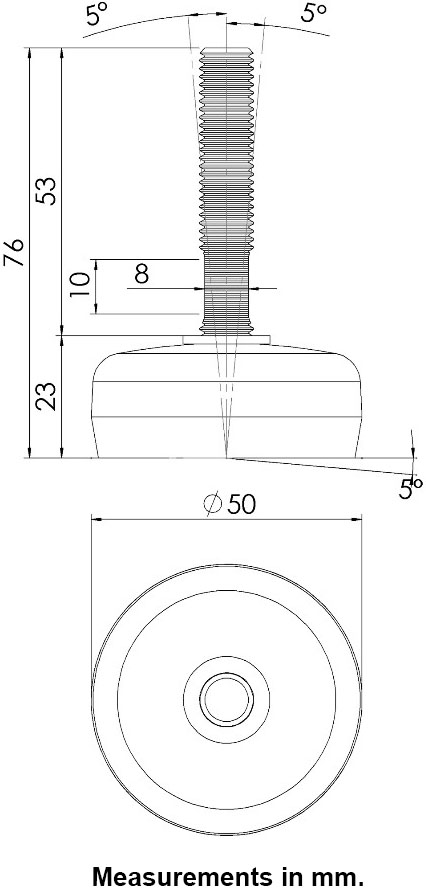 M10x50 Stainless levelling foot 50mm stainless base with anti-vibration rubber pad 350kg AISI 304/A2 - Dimensions