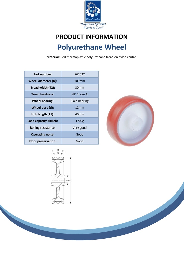 Wheel series 100mm RED/BROWN polyurethane on nylon centre 12mm bore hub length 40mm plain bore 150kg - Spec sheet