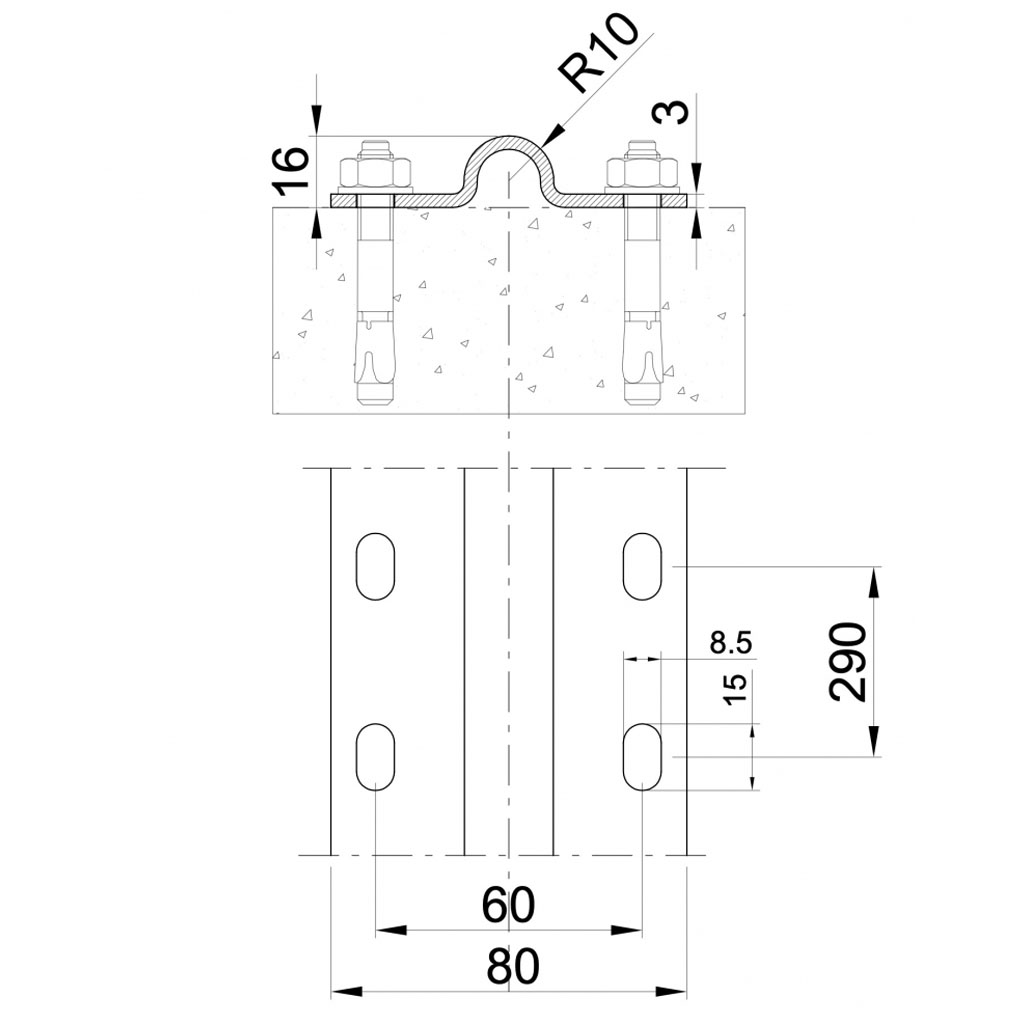 55x16mm Ground track for 20mm Round groove wheels (per metre) Drawing with Dimensions