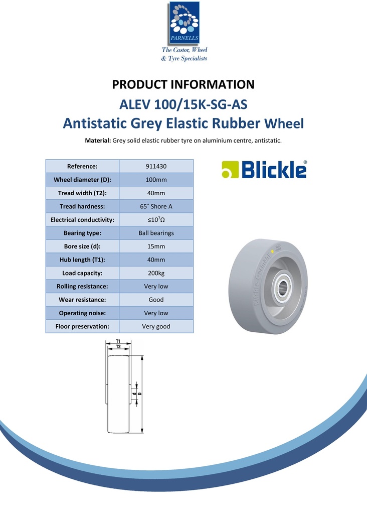 Wheel series 100mm anti-static grey elastic rubber on aluminium centre 15mm bore hub length 40mm ball bearings 200kg - Spec sheet