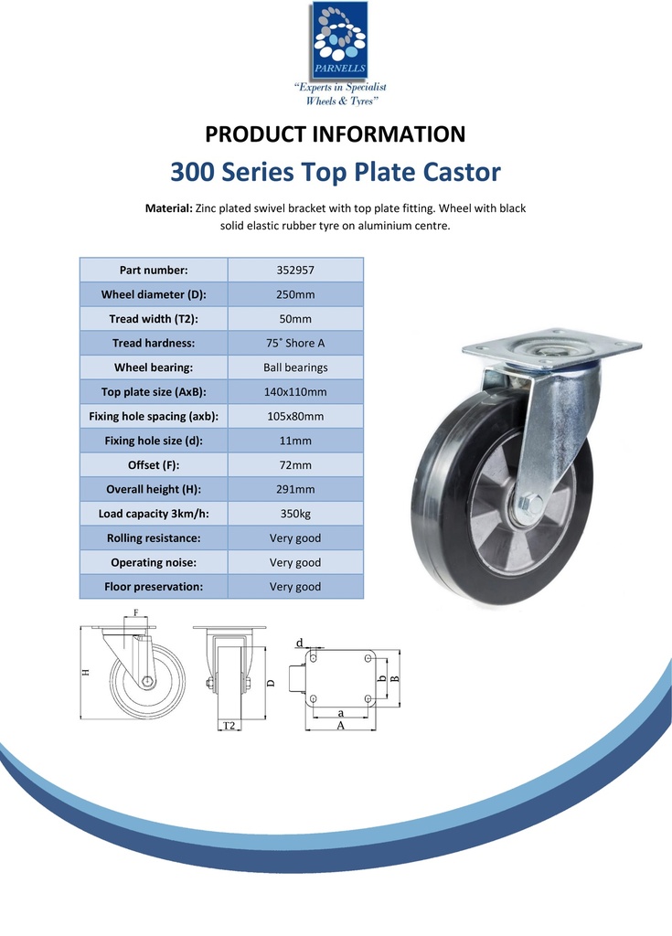 300 series 250mm swivel top plate 140x110mm castor with black elastic rubber on aluminium centre ball bearing wheel 350kg - Spec sheet