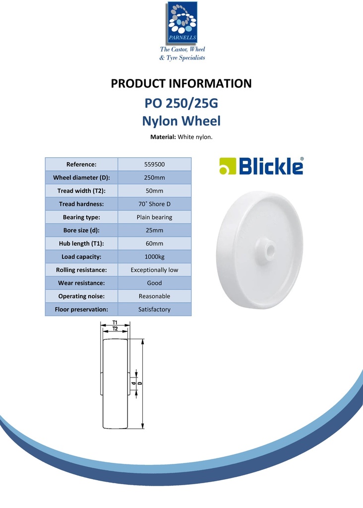 Wheel series 250mm nylon 25mm bore hub length 60mm plain bearing 1000kg - Spec sheet