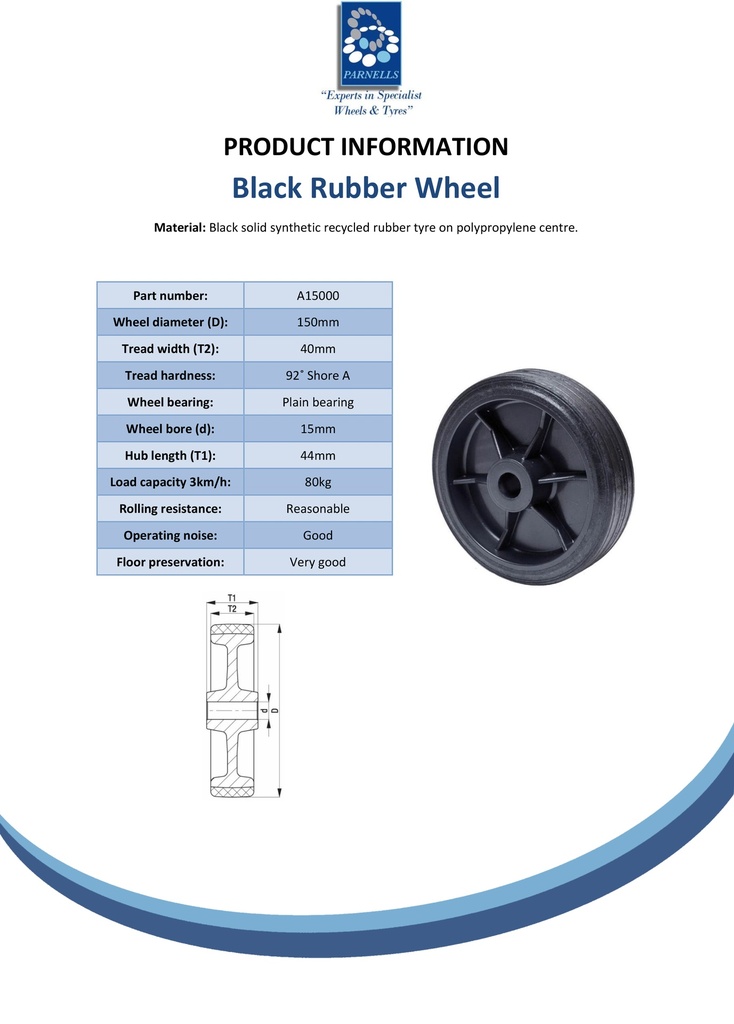 Wheel series 150mm black recycled rubber on polypropylene centre 15mm bore hub length 44mm plain bearing 80kg - Spec sheet