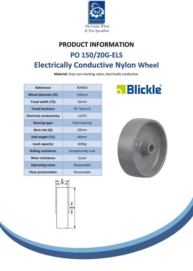 Wheel series 150mm electrically conductive grey nylon 20mm bore hub length 60mm plain bearing 400kg - Spec sheet