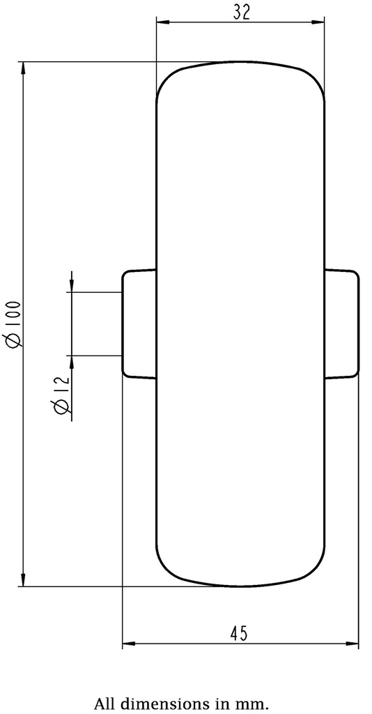 Wheel series 100mm grey TPR-rubber on polypropylene centre 12mm bore hub length 45mm plain bearing 110kg - Wheel dimensions