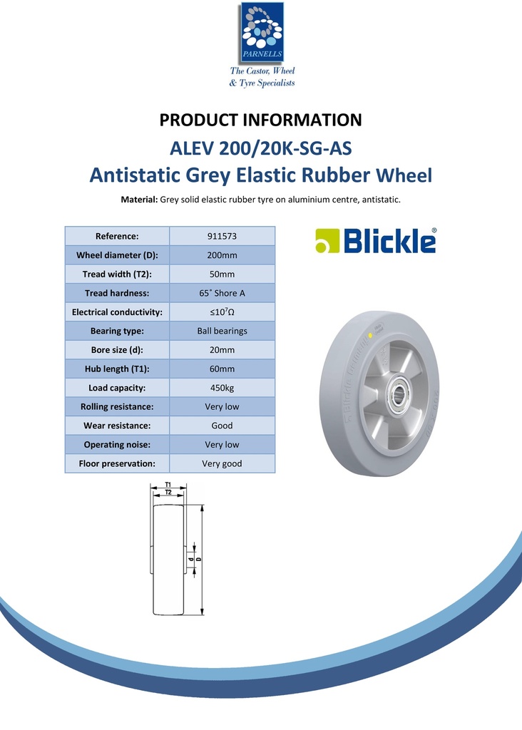 Wheel series 200mm antistatic grey elastic rubber on aluminium centre 20mm bore hub length 60mm ball bearings 450kg - Spec sheet