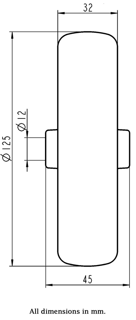 Wheel series 125mm grey TPR-rubber on polypropylene centre 12mm bore hub length 45mm plain bearing 125kg - Wheel dimensions