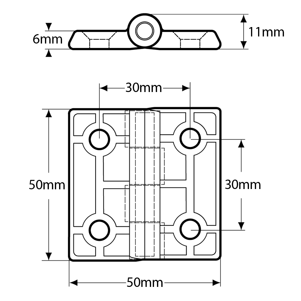 50x50mm Die cast zinc hinge with 316 stainless steel pin Drawing with Dimensions
