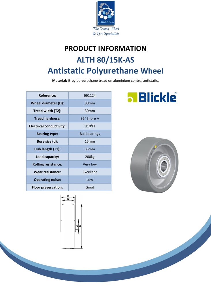 Wheel series 80mm antistatic grey Extrathane­® polyurethane on aluminium centre 15mm bore hub length 35mm ball bearings 200kg - Spec sheet