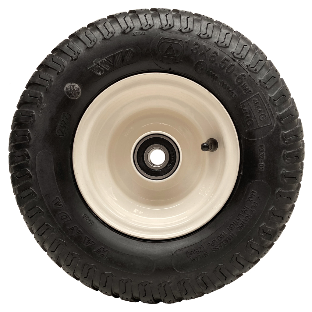13x6.50-6 4pr Wanda P332 grass tyre E-marked TL on steel rim 20mm ball bearing 80mm hub length, 209kg load capacity Side View