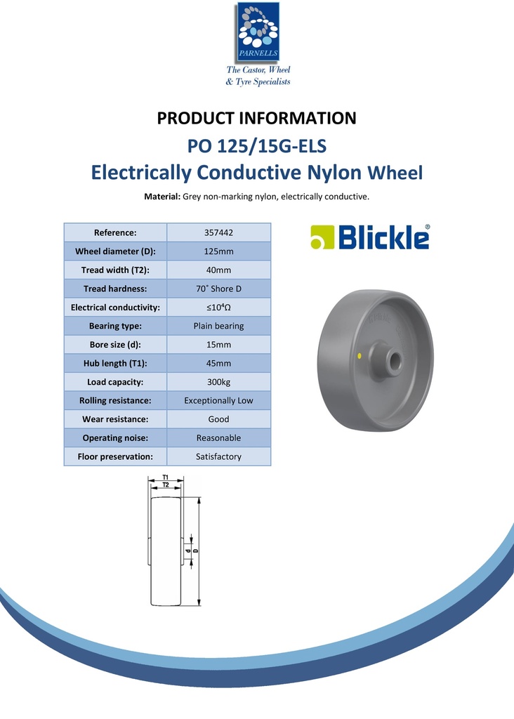 Wheel series 125mm electrically conductive grey nylon 15mm bore hub length 45mm plain bearing 300kg - Spec sheet