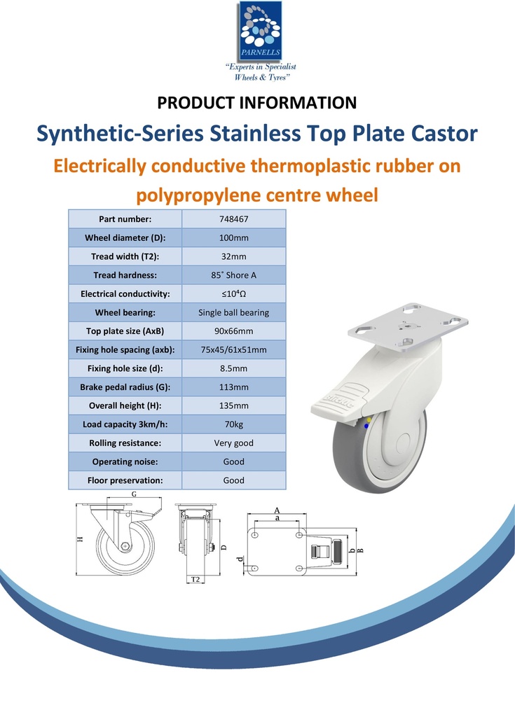 Plastic castor series 100mm stainless swivel/brake top plate 90x66mm castor with electrically conductive grey thermoplastic rubber on polypropylene centre single ball bearing wheel 70kg - Spec sheet