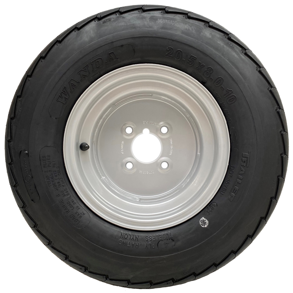 20.5x8.0-10 4pr Wanda Trailer tyre on silver steel rim 4/101.6/67, 412kg load capacity side view