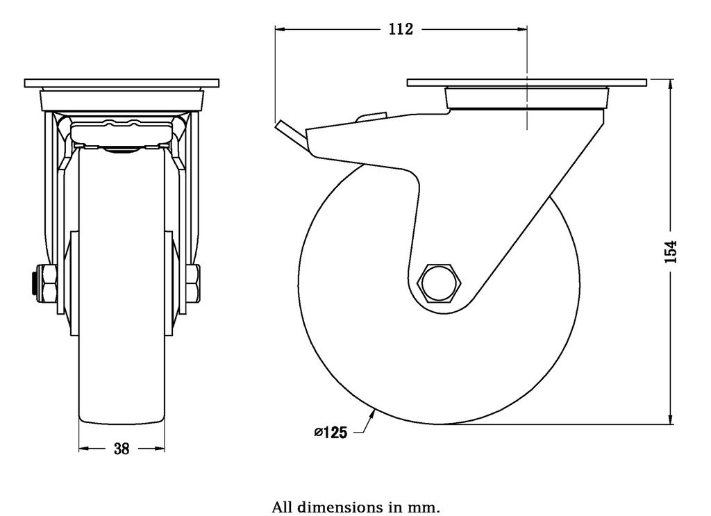 322 series 125mm swivel/brake top plate 106x86mm castor with polyurethane on nylon centre roller bearing wheel 250kg - Castor dimensions