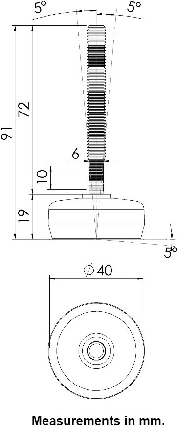 M8x70 Stainless levelling foot 40mm stainless base with anti-vibration pad 350kg AISI 304/A2 - Dimensions
