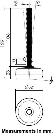 M12x100 Stainless levelling foot 50mm stainless base with anti-vibration rubber pad 400kg AISI 304/A2 - Dimensions
