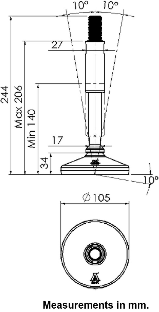 M20x210 Stainless certified hygienic levelling foot 105mm stainless base with anti-vibration rubber pad 2200kg AISI 304/A2 - Dimensions