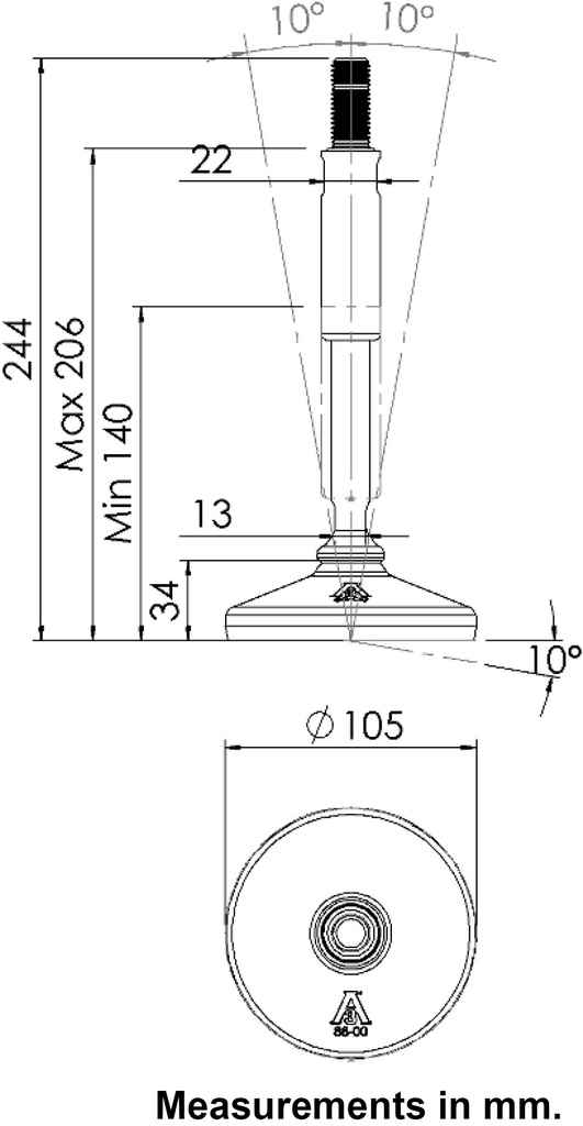 M16x215 Stainless certified hygienic levelling foot 105mm stainless base with anti-vibration rubber pad 2200kg AISI 304/A2 - Dimensions