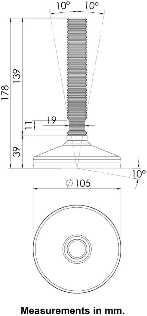 M24x150 Stainless levelling foot 105mm stainless base with anti-vibration rubber pad 2200kg AISI 304/A2 - Dimensions