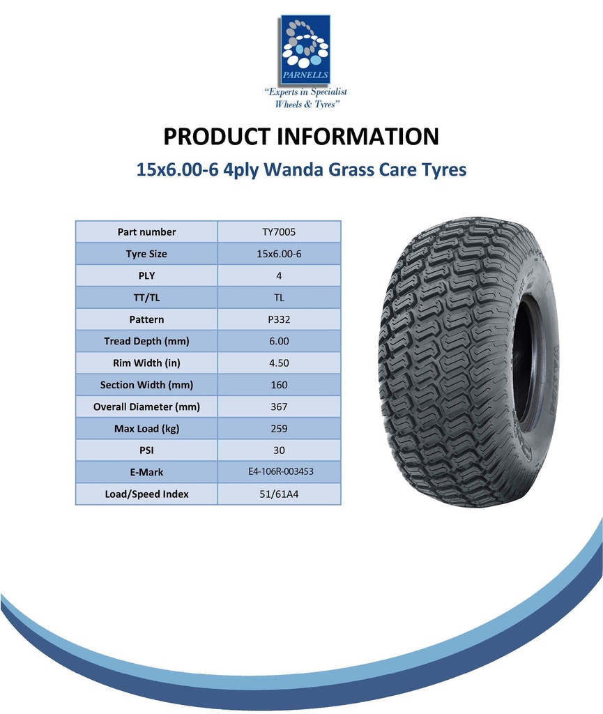15x6.00-6 4pr Wanda P332 grass tyre spec sheet