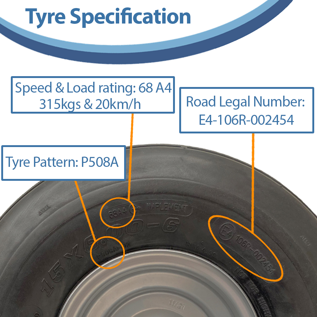 15x6.00-6 6pr Wanda P508A rib tyre E-marked TL on steel rim 20mm ball bearing 90mm hub length, 320kg load capacity specification