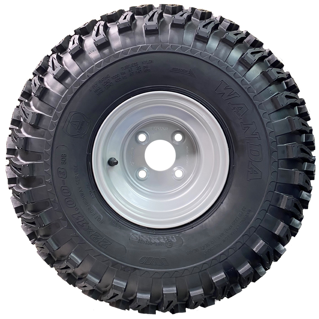 22x11.00-8 4pr Wanda P334 Utility tyre E-marked TL on silver steel rim 4/100/60, 450kg load capacity side view