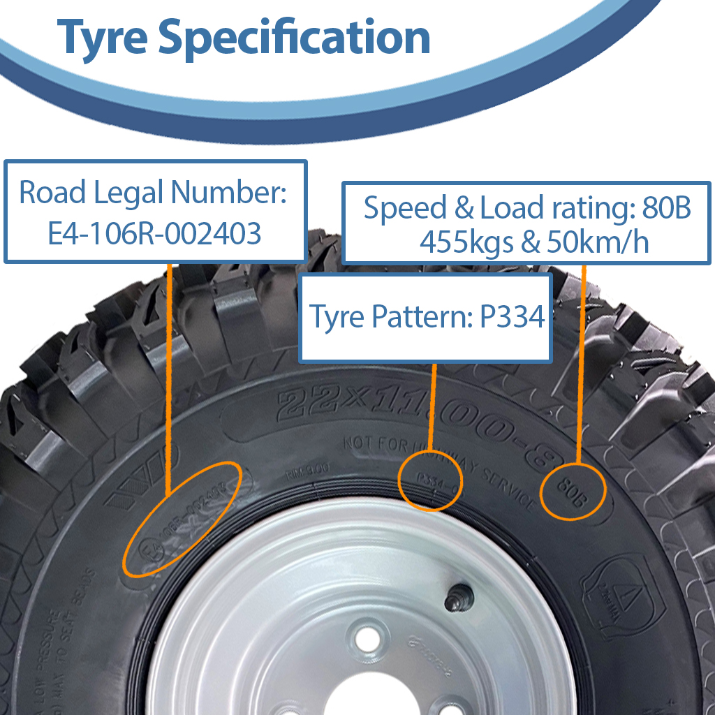 22x11.00-8 4pr Wanda P334 Utility tyre E-marked TL on silver steel rim 4/100/60, 450kg load capacity specification