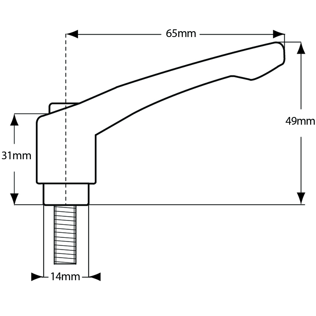M8x40 Die cast Zinc clamping handle - Drawing with Dimensions