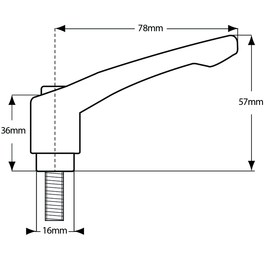 M10x20 Die cast Zinc clamping handle - Drawing with Dimensions