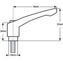 M10x20 Die cast Zinc clamping handle - Drawing with Dimensions