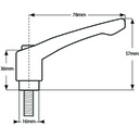 M10x50 Die cast Zinc clamping handle - Drawing with Dimensions