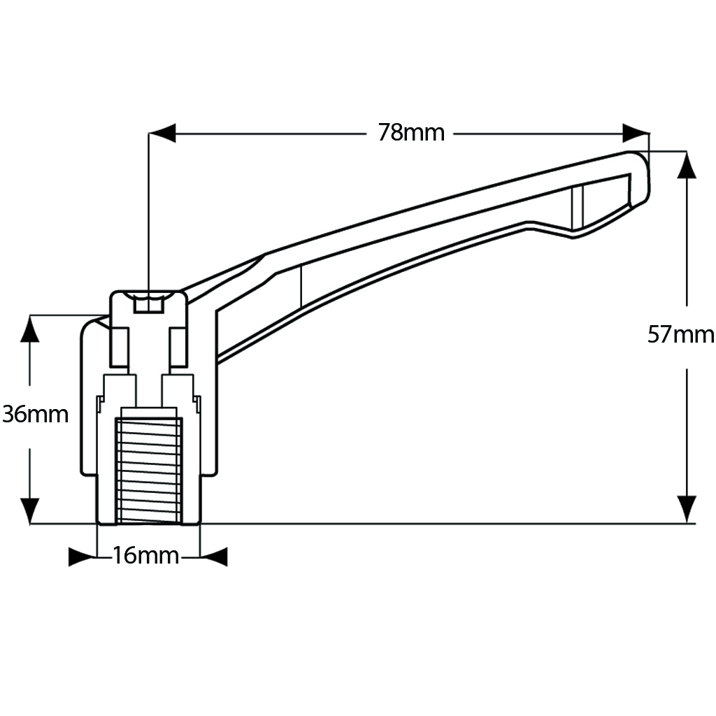 M10 Female Die cast Zinc clamping handle - Drawing with Dimensions
