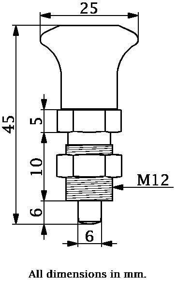 M12x1.5 Spring loaded index plunger (6mm plunger diam) - Drawing with Dimensions