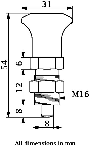 M16x1.5 Spring loaded index plunger (8mm plunger diam) - Dimensions