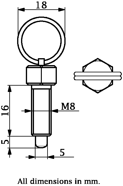 M8 Spring loaded ring pull plunger - Dimensions
