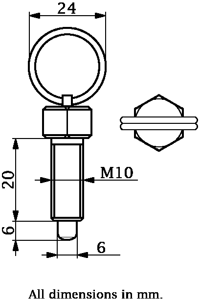 M10 Spring loaded ring pull plunger - Dimensions
