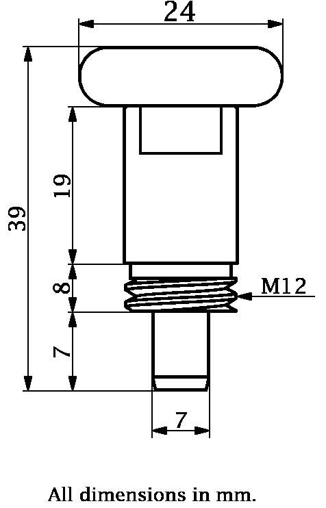 M12 Zinc plated Index plunger (7mm plunger diameter) - Drawing with Dimensions
