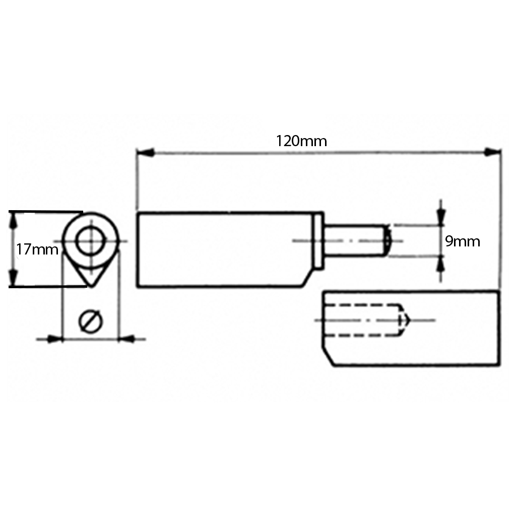120mm Steel drop profile weldable hinge, fixed pin - Drawing with Dimensions