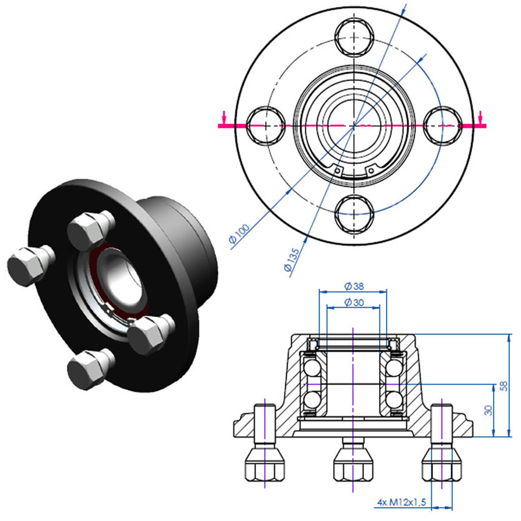 Hub axle 35x35mm drawing with dimensions