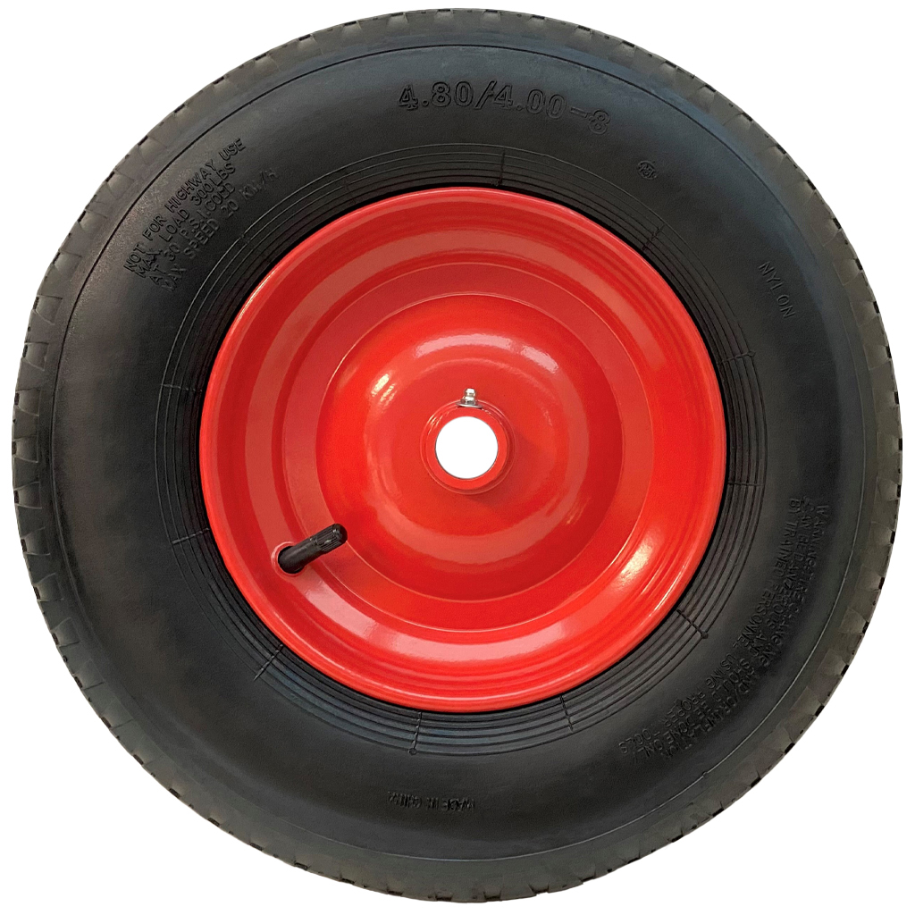 4.80/4.00x8 4ply red steel pneumatic wheel 25x75mm plain bearing with grease nipple 200kg side view