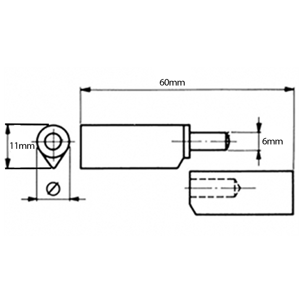 60mm Steel drop profile weldable hinge, fixed pin - Drawing with Dimensions