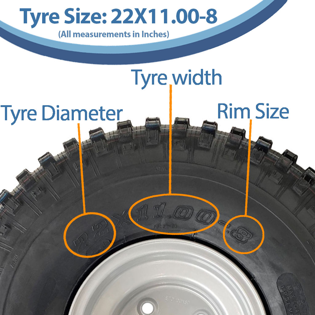 22x11.00-8 4pr Wanda P323 Knobby tyre E-marked TL 43J on silver steel rim 4/100/60, 155kg load capacity size with text