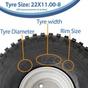 22x11.00-8 4pr Wanda P323 Knobby tyre E-marked TL 43J on silver steel rim 4/100/60, 155kg load capacity size with text