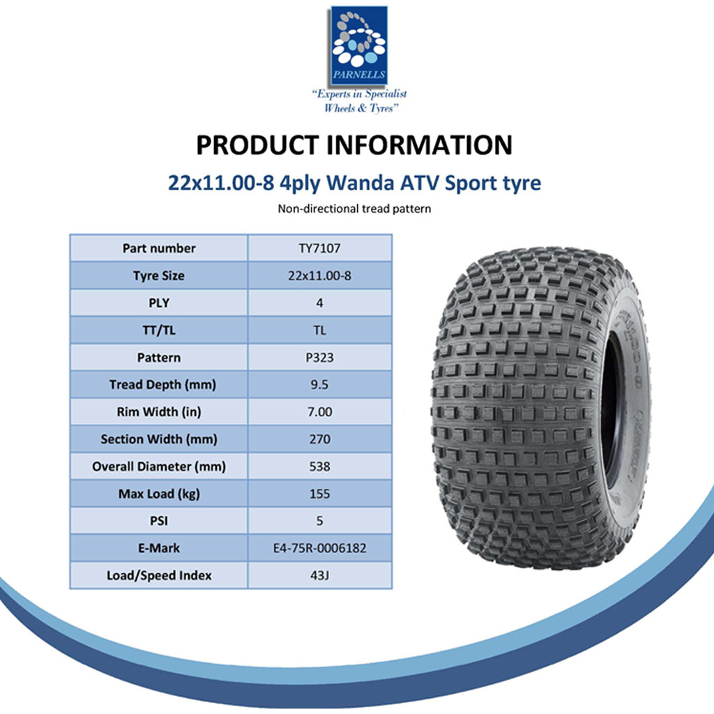 22x11.00-8 4pr Wanda P323 Knobby tyre spec sheet