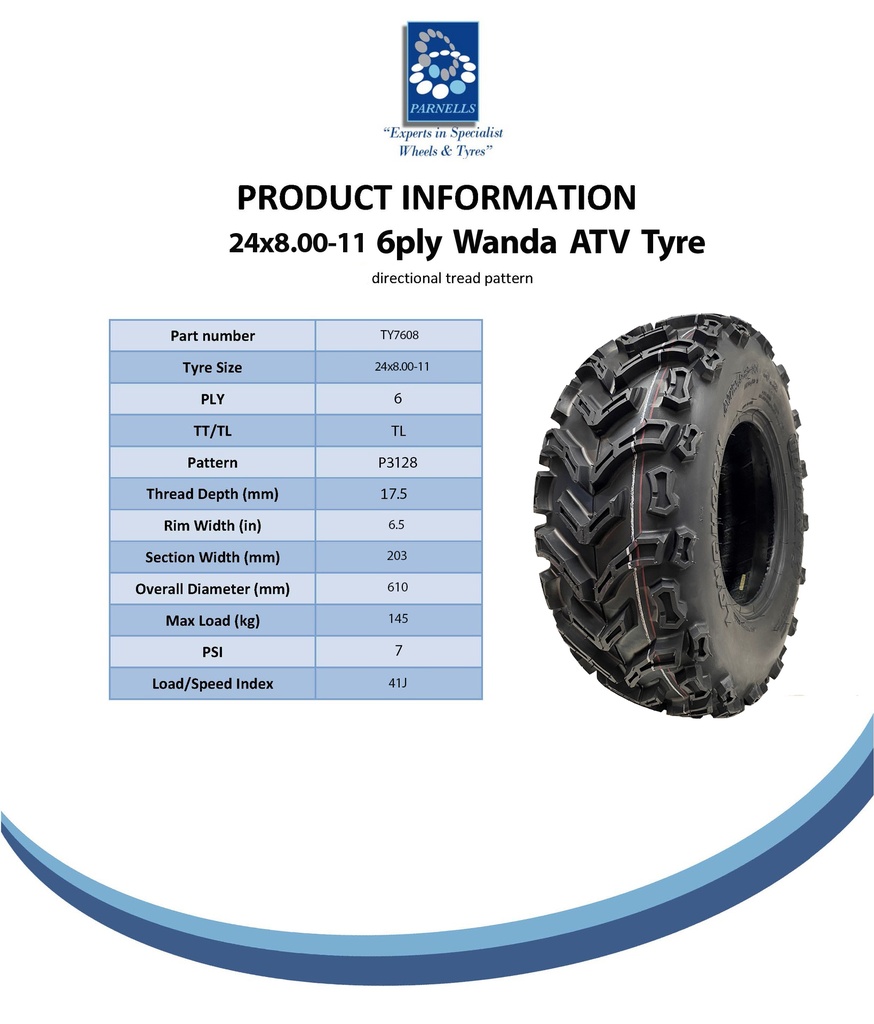 24x8.00-11 6pr Wanda Longhorn P3128 ATV tyre spec sheet